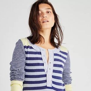 We The Free Navy and Cream Striped Cotton Long Sleeve Tee